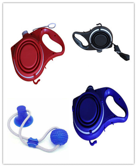 Multipurpose retracting leash with travel water supply and bowls.  Includes rope chew toy!