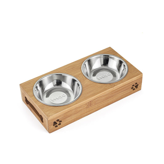 Color: Stainless steel, Size: Small - Double bowl stainless steel with bamboo frame for small dogs tablewar