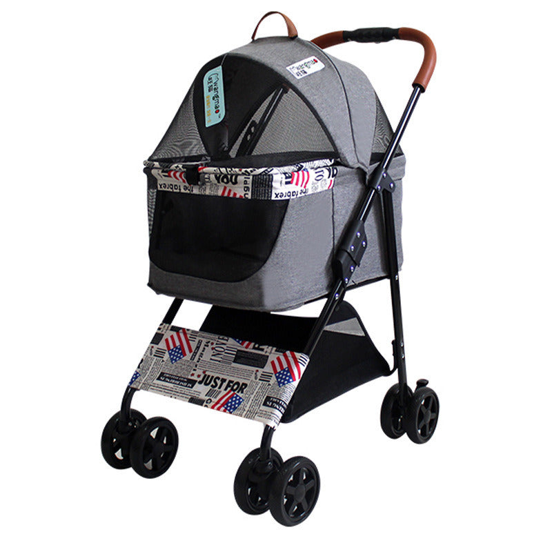 Portable Pet Stroller Cat Trolley, Dog Travel Cart Pram Shockproof Pet Detachable Strolling Cart, Puppy Pushchair Four-Wheeled, One Click Quick Folding