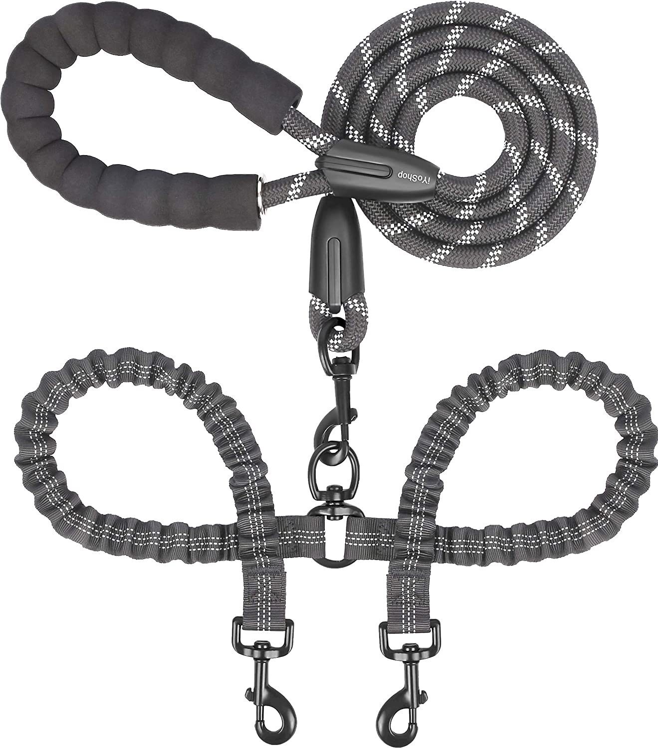 Dual Dog Leash; Double Dog Leash; 360 Swivel No Tangle Walking Leash; Shock Absorbing Bungee for Two Dogs