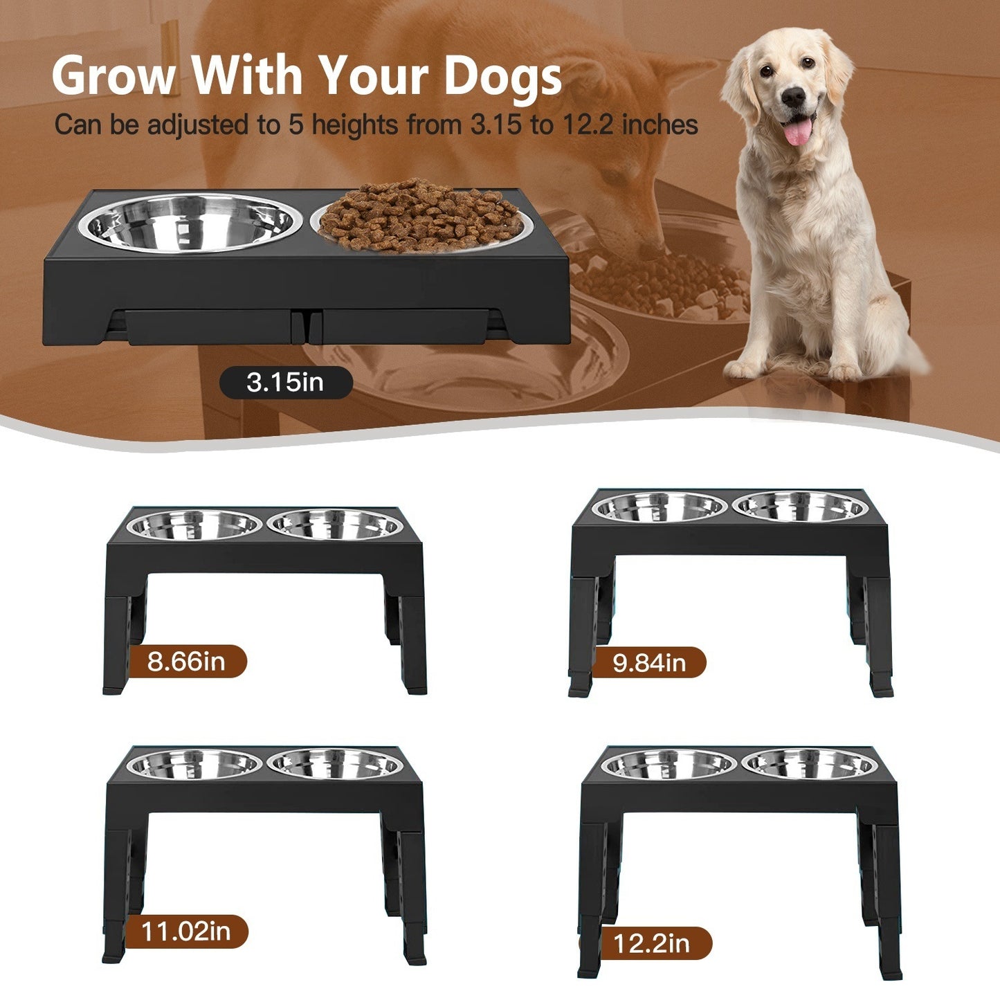 Dog Raised Bowls with 6 Adjustable Heights Stainless Steel Elevated Dog Bowls Foldable Double Bowl Dog Feeder for Small Medium Large Size Dog